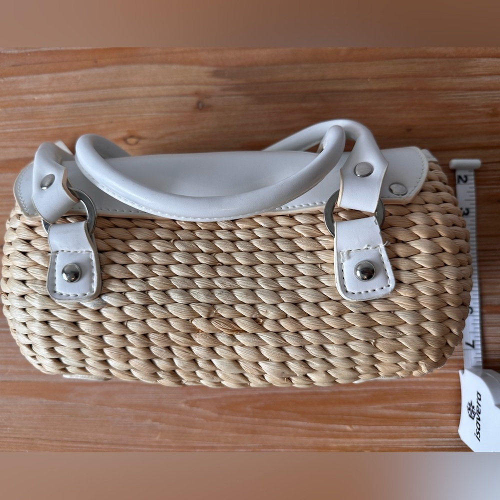 White Trim Woven Straw Tote - Women's Fashion Bag - Picture 6 of 8